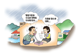 행정기관과 수시로 연락하며 지시에 따르고 지정된 장소로 대피하려는 그림