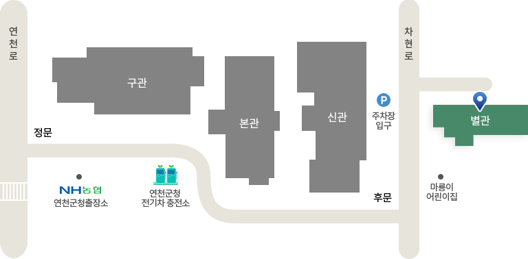연천군청은 본관,신관,구관,별관으로 이루어져있습니다. 별관은 차현로 우측, 마릉이 어린이집 뒤쪽에 위치하고있습니다.